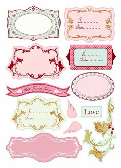 some pink and gold labels on a white background