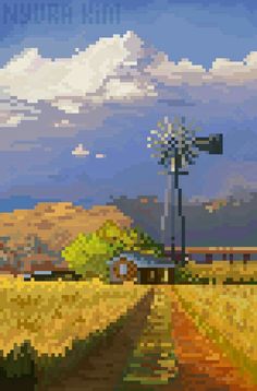 a digital painting of a rural road with a windmill in the distance and farm land to the side