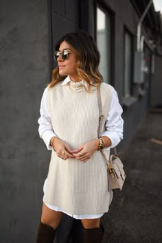 Collar Shirt With Sweater, Sweater Vest Outfit Women, Collared Shirt Outfits, Vest Outfit Women, Shirt Dress Fall, Sweater Vest Outfit, Shirt Dress Outfit, Sweater Dress Outfit, Sleeveless Sweater Dress