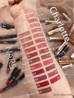 Swatches of Nars Velvet Matte Lip Pencils compared to Charlotte Tilbury Lipsticks Matte Revolution and Kissing - shades Penelope Pink, Angel Alessandra, Cat Walking, JK Magic, Very Victoria, Pillow Talk, Wedding Belles, In Love With Olivia, Glowing Jen, Pillow Talk Medium, Gracefully Pink, Walk of No Shame, MI Kiss - Bond Girl, Red Carpet Red. Bettina, Rosecliff, Bad Girl, Tolede Walkyrie, Bahama, Dolce Vita, Damned, Do Me Baby, Cruella, Dance Fever on fair/light/pale skin Mi Kiss Charlotte Tilbury, Charlotte Tilbury Mi Kiss, Charlotte Tilbury Swatches, Charlotte Tilbury Kissing Lipstick, Nars Lipstick Swatches, Charlotte Tilbury Lipstick Swatches, Charlotte Tilbury Matte Lipstick, Charlotte Tilbury Lip Pencil, Nars Lipstick Dolce Vita