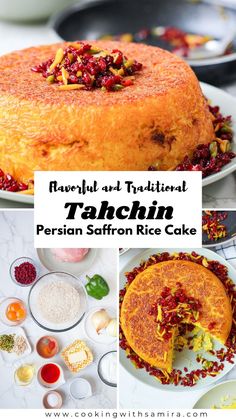 tachin persian softton rice cake with colorful toppings on the top and bottom