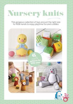 an advertisement for nursery knits with pictures of stuffed animals and teddy bears on them