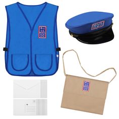 a blue vest, hat and envelope are on display