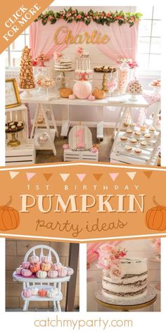 a pumpkin themed birthday party with pink and orange decorations