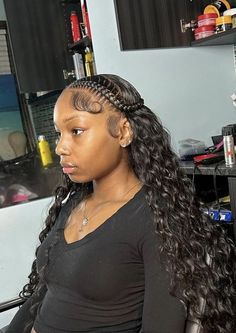 Added Weave Hairstyles, New Back To School Hairstyles, Two Braid Curly Wig, Prom Ideas Hairstyles, Quick Weave With Braids On The Side, Sew In Two Braids, 2 Braids With Sew In In The Back, Pretty Back To School Hairstyles, French Braids With Sew In Weave