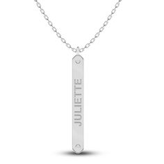 This classic nameplate style pendant necklace from the Juliette Maison collection features an engravable name or word of your choice (up to 8 upper-case letters), hugged by two dainty round diamonds. Wear it as a statement or expression of love for a person or place you want to keep close to you always. Fashioned in 10K white gold, the 18-inch chain secures in place with a lobster clasp. This necklace may be personalized with 1 to 8 letters. Personalized White Gold Nameplate Necklace, Classic Engraved Nameplate Necklace, Classic White Gold Name Necklace, Personalized Gift White Gold Nameplate Necklace, Classic White Gold Nameplate Necklace, Classic Nameplate Necklace, Classic White Gold Name Necklace As Personalized Gift, White Gold Nameplate Necklace For Personalized Gift, Classic White Gold Name Necklace For Personalized Gift