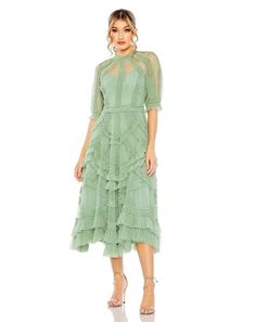 Cocktail Dresses Short Ruffled Tiered Cocktail Midi Dress Jade Midi Wedding Guest Dress, Vestidos Color Coral, Ruffle Tiered Dress, Tulle Midi Dress, Plus Size Formal, Brocade Dresses, Plus Size Formal Dresses, Illusion Neckline, Midi Cocktail Dress