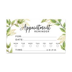 an appointment card with leaves on it