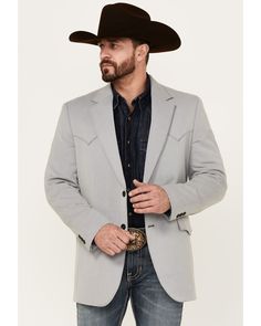 Long sleeves. Lapel collar. Button-down placket and cuffs. Two flap handwarmer pockets on front. Western yokes. Solid gray design. Western Outfits For Men, Men Wedding Attire Guest, Cowboy Suit, Casual Grooms, Mens Wedding Attire, Pendleton Mens, Wedding Outfit Men, Retro Jeans, Mens Suit Jacket