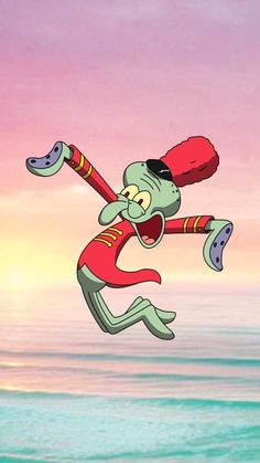 an animated character is jumping in the air over the ocean with his arms outstretched and feet spread out