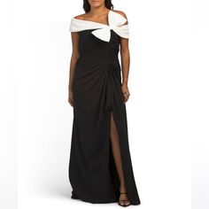 Tadashi Shoji Black/Ivory Off The Shoulder Color Block Bow Gown Brand New Color: Black/Ivory Fabric Provides Stretch, Contrast Neckline, Bow Accent, Side Slit, Pleat Accents Off The Shoulder, Asymmetrical Neckline, Gown 62in Long, Taken From Size S Back Zip And Hook Closure Polyester/Spandex Imported Not Returnable In Store Hand Wash Bow Gown, Gown For Women, Tadashi Shoji Dresses, Ivory Fabric, Asymmetrical Neckline, Tadashi Shoji, Formal Dresses For Women, Polyester Spandex, Color Block