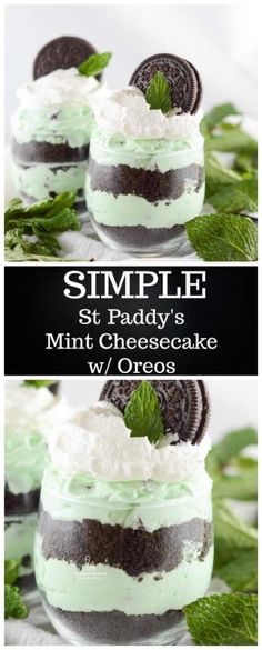 mint cheesecake with oreo cookies and whipped cream on top, in a glass dish