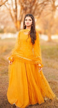 Yellow Frocks For Women Haldi, Full Frock, Party Wear Maxi Dresses, Mayon Dresses, Faux Mirror, Sister Goals, Yellow Anarkali, Mehndi Dresses, Function Dresses