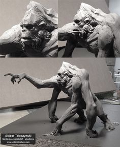 three different images of an alien being attacked by another creature with his arm extended and feet spread out