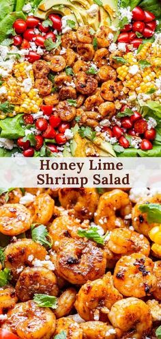 shrimp salad with tomatoes, corn and lettuce on it is shown in two different pictures