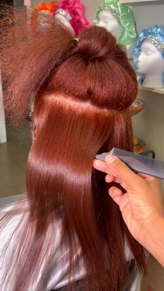 Copper Hair Silk Press, Silk Press And Dye On Natural Hair, Copper Silk Press Natural Hair, Dark Ginger Natural Hair, Ginger Hair Silk Press, Fall Dyed Hair, Colored Silk Press