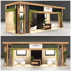 two views of an exhibition booth with plants on the walls and furniture in the floor