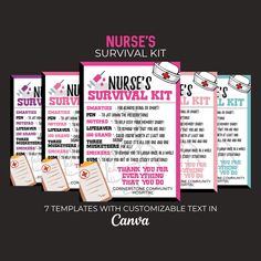 "Give your nurses a fun reward with the Nurse Survival Kit! This team survival kit comes in a printable and editable Canva template bundle, making it the perfect Nurse Appreciation Gift. With this kit by their side, your nurses will be ready to conquer any challenge that comes their way. This is a fun reward for any registered nurse or nursing student. This gift is easy to edit in Canva so you can personalize the messages and sayings to your liking!  Includes: 1 PDF File - Containing Link to 8 Pre-Made Editable Canva Templates for Administrative Assistant's survival kits in 8 different colors so you can print out the kit in your assistant's favorite colors!  ALL TEXT is editable.  ALL LINKS to Canva Templates will be sent through Etsy directly to your email after your purchase has been ver Nurse Survival Kit Printable, Nursing Student Survival Kit, Nurse Survival Kit Ideas, Nurse Survival Kit Gifts, New Nurse Survival Kit, Nursing Survival Kit, Nurse Survival Kit, Student Survival Kits, Student Template