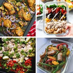 four different pictures with food in them including salads, chicken and veggies