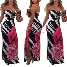 This sexy fitted maxi dress is perfection. Featuring a fitted strapless top with a small front cut-out. Featuring a slide split and lovely fitted look. This dress pairs perfectly with sandals and statement jewelry for a night on the town. Made with a polyester blend for comfort, while hugging your every curve. Maxi Long Dress, Fitted Maxi Dress, Street Trends, Strapless Maxi, Strapless Maxi Dress, Side Split, Printed Maxi, Printed Maxi Dress, Long Maxi Dress