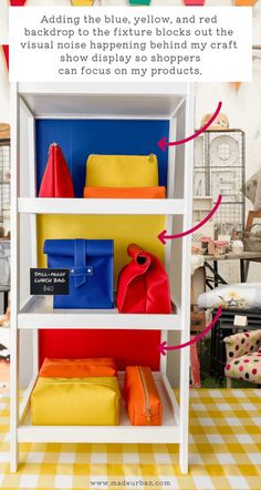 a white shelf filled with lots of colorful bags