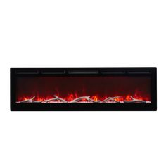 an electric fireplace with red flames on it