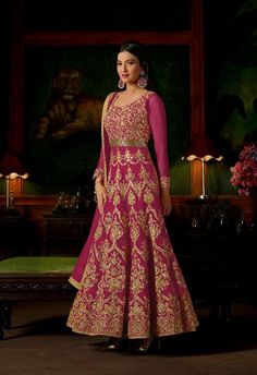 #pink #golden #anarkali #anarkalisuit #salwarkameez | silk with net | fabric georgette | pink and golden anarkali suit | party wear | Bangladeshi Wedding, Pink Anarkali Suits, Gauhar Khan, Georgette Anarkali Suits, Wedding Designers, Floor Length Anarkali, Pink Anarkali, Designer Anarkali Suits, Long Anarkali