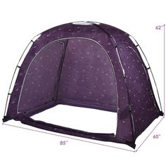 a purple tent with white stars on it and measurements for the side door open to show the size