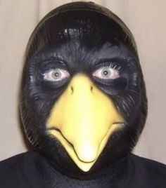 a person wearing a black mask with a yellow bird on it's face and eyes