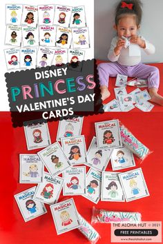 the disney princess valentine's day cards are on display in front of a red background