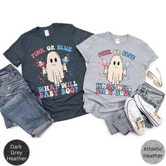 Looking for a fun way to announce your pregnancy to your loved ones? Our couples Halloween pregnancy announcement / gender reveal shirts are perfect for celebrating your new arrival together.  ● Bella and Canvas brand t-shirt ● UNISEX adult sizing ● Rolled sleeves in pictures are for styling purposes only ● Props used in photos are NOT included with purchase SIZE: ● Take a look at the photos to see a specific size chart for this T-Shirt style ● PLEASE NOTE: these shirts are unisex! They are NOT women's fitted shirts. If you're going for a more fitted look, we suggest to size down. ● To find the right size, lay your favorite shirt at home flat and meassure armpit to armpit. Then compare to the size chart in the photos. FABRIC: These t-shirts have ribbed-knit collars to bolster shaping. The Fun T-shirt With Custom Print For Gender Reveal, Fun Custom Print T-shirt For Gender Reveal, Fun Crew Neck Top For Gender Reveal, Cute Funny Print T-shirt For Gender Reveal, Cute T-shirt With Funny Print For Gender Reveal, Fun Tops With Funny Print For Gender Reveal, Funny Cotton T-shirt For Gender Reveal, Funny T-shirt For Gender Reveal, Fun Crew Neck T-shirt For Gender Reveal