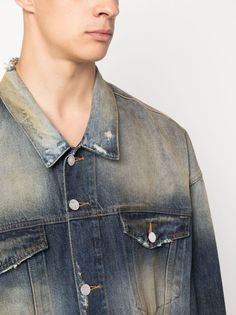 Find VETEMENTS Ditreed-effect Tonewahed Denim Jacket on Editorialist. navy blue cotton denim acid wash stonewashed classic collar distressed effect front button fastening two chest patch pockets long sleeves buttoned-cuff sleeves straight hem Acid Wash Distressed Denim Outerwear, Acid Wash Cotton Button-up Outerwear, Luxury Washed Blue Garment-washed Denim Jacket, Faded Long-sleeve Pre-washed Denim Jacket, Faded Pre-washed Cotton Denim Jacket, Printed Denim Jacket, Distressed Jacket, Black Denim Jacket, Printed Denim