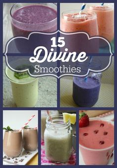 some smoothies and drinks are shown with the words divine smoothies above them in white letters