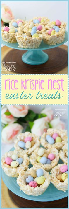 rice krispie easter nests on a blue plate