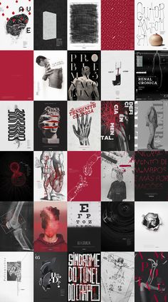 the collage is made up of many different types of art and design elements in red, black and white