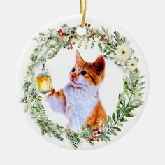 a christmas ornament with an orange cat holding a beer in it's hand