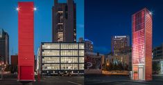 three tall buildings are shown at night and in the same photo, one is red