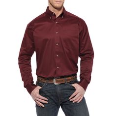 Style number: 10034226. Burgundy solid twill long sleeve casual series fitted button up. Classic button down. Extended body length for tucking. Fitted shirts offer the slimmest fit through the chest and waist. Greater Arm Mobility seam construction for maximum range of motion. 100% cotton. Maroon Dress Shirt, Western Dress Shirts, Burgundy Shirt, Red Shirt Dress, Maroon Dress, Twill Shirt, Western Shirts, Mens Shirt Dress, Long Sleeve Casual