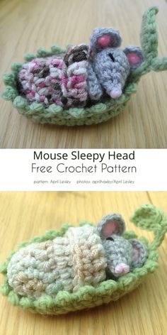 two crocheted mice in a leaf with text overlay that says mouse sleepy head free crochet pattern