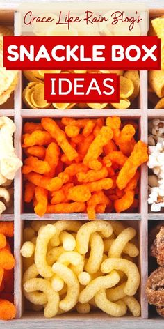 an open box filled with snacks and the words crackle box ideas