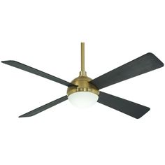 a ceiling fan with two black blades and a white light on the top of it