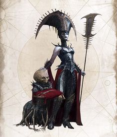 a woman dressed as a demon holding a sceptacle and standing next to a skull