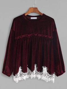 Burgundy Contrast Lace Trim Velvet Blouse Dress Book, Lace Trim Blouse, Fall Blouse, Pakistani Bridal Dresses, Stylish Dress Book, Women Blouses