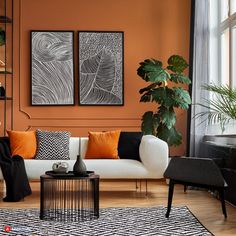 an orange living room with black and white decor