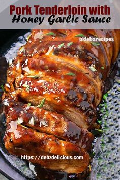 pork tenderloin with honey garlic sauce in a cast iron skillet