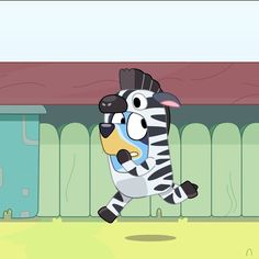 a cartoon zebra is running in front of a fence