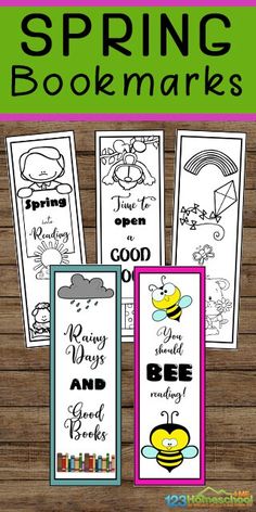 three bookmarks with the words spring and bee on them