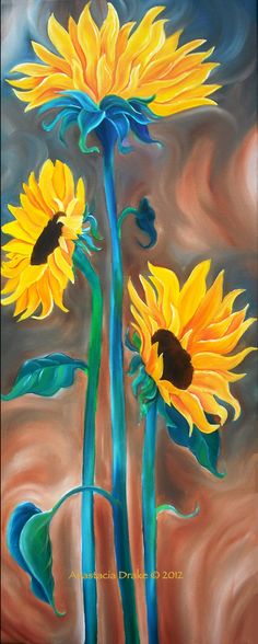 two yellow sunflowers are shown in this painting