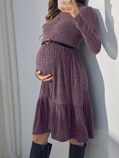 Maternity Solid Color Round Neck Ribbed Ruffled Hem Long Sleeve Dress Purple Casual  Long Sleeve Knitted Fabric Plain A Line Medium Stretch  Maternity Clothing, size features are:Bust: ,Length: ,Sleeve Length: Flannel Over Dress Maternity, Pregnancy Wear, Punk Woman, Maternity Chic, Silk Stockings, Casual Maternity, Maternity Clothing, Everyday Dresses, Maternity Wear