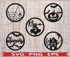 halloween svg cut files for silhouettes, pumpkins and bats on wood background